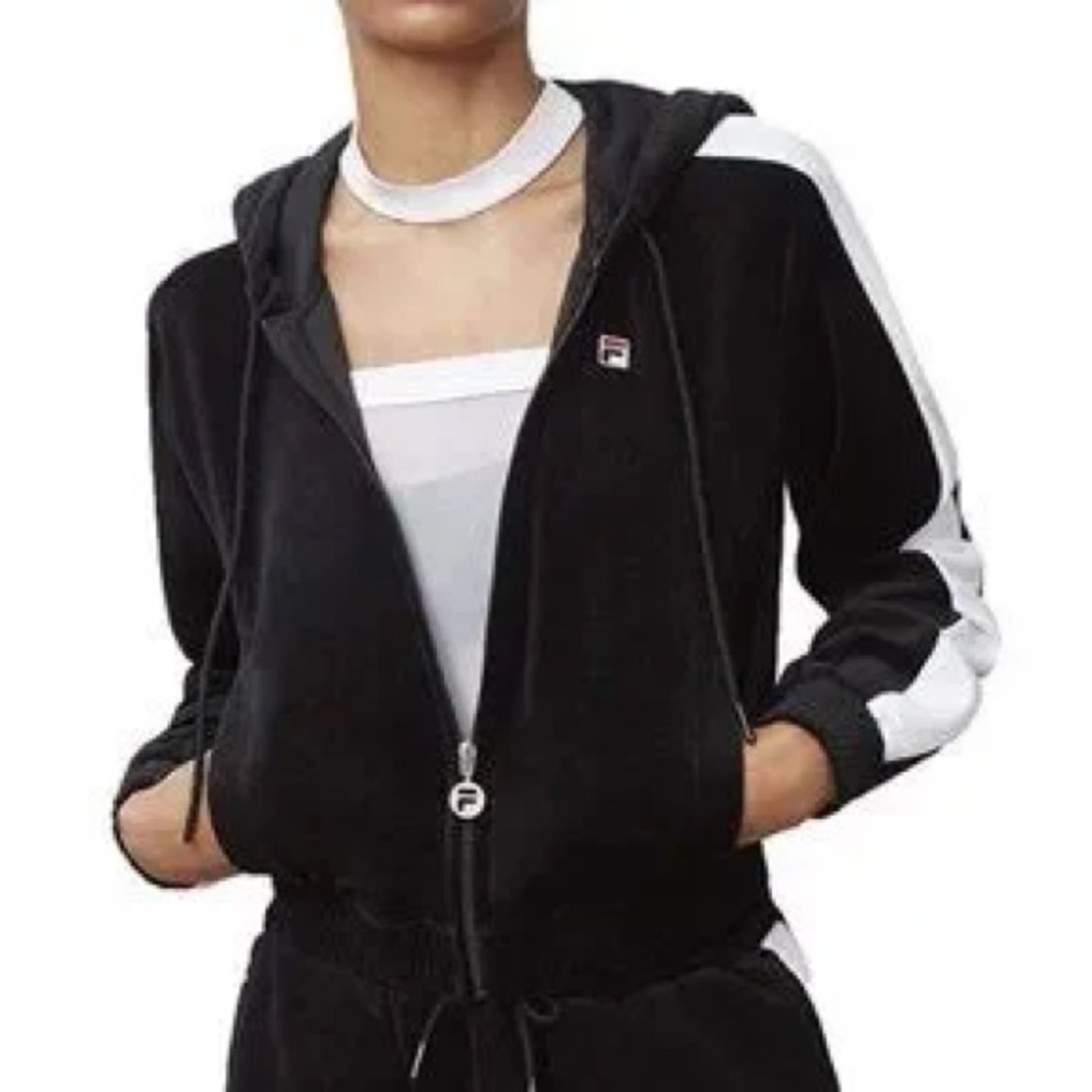 Fila Women’s Cinched Cropped Velour Hoodie Zip Up Black Sweatshirt Size Small